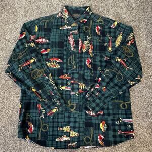 VTG British Khaki by Robert Lighton Flannel Long Sleeve Shirt 12 Fishing Lures